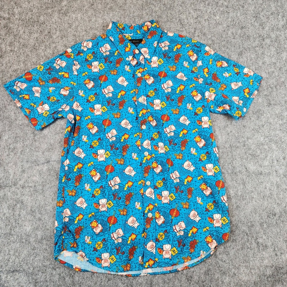Andy South Shirt Men M Blue Chinese New Year Lunar Pig Hawaiian Button Down
